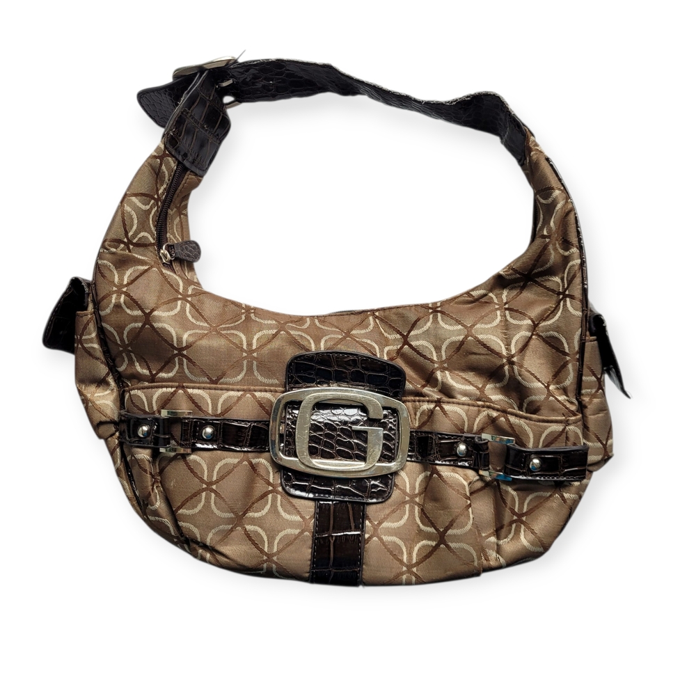 Vintage Y2K Guess Half Moon Hobo Bag with Monogram Print Brown and Black